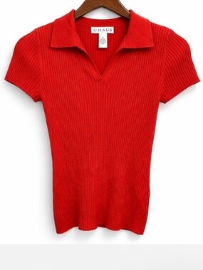 Vintage Y2K Preppy Ribbed Knit Summer Polo Tee Size M Coral Red Top, Silk Blend